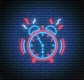 Neon alarm clock. Vector illustration. Illuminated design Royalty Free Stock Photo