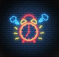 Neon alarm clock. Vector illustration. Ringing watch with steam Royalty Free Stock Photo