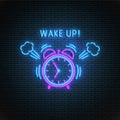 Neon alarm clock. Vector illustration. Ringing watch with steam Royalty Free Stock Photo