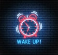 Neon alarm clock. Vector illustration. Ringing watch Royalty Free Stock Photo