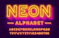 Neon alphabet font. 3D effect bright neon light letters and numbers.