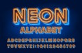 Neon alphabet font. 3D effect neon light letters and numbers. Royalty Free Stock Photo