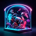 Neon aquarium with fishes and corals. 3d vector illustration AI Generated