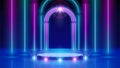 Neon arch, podium, led arcade, stage light. Spotlight, lines. Background, backdrop for displaying products. Blue pink purple neon