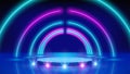 Neon arch, podium, stage light, led arcade. Background, backdrop for displaying products. Blue pink purple neon glowing arch,
