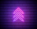 Neon arrow sign. Glowing neon arrow pointer on brick wall background. Retro signboard with bright neon tubes. Vector Royalty Free Stock Photo