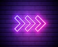 Neon arrow sign. Glowing neon arrow pointer on brick wall background. Retro signboard with bright neon tubes. Vector Royalty Free Stock Photo