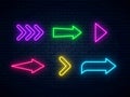 Neon arrow signs collection. Bright arrow pointer symbols. Set of colorful neon arrows, web icons Royalty Free Stock Photo