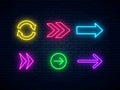 Neon arrow signs collection. Set of colorful neon arrows, web icons. Bright arrow pointer symbols Royalty Free Stock Photo