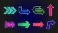 Neon arrows. Bright glowing arrow signs. Outside lights of night bar. Vector lighting directional elements