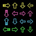 Neon Arrows colorful vector icons set. Location indicator for casino, bar, cinema, night club and motel, isolated symbols pack