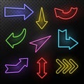 Neon arrows. Electric light direction arrow shapes. Casino, motel and cinema glowing street signs retro 1950s vector