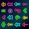 Neon arrows. Glow lighting direction hotel arrow signs night outside shining advertizing elements vector bright