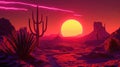 A neon art installation featuring a desert sun setting behind a cactus creating a surreal ambiance