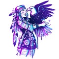 Neon art of a native hippie woman wearing feathers and hugging a flying eagle on her arm.