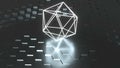 Neon atom symbol are on surface with reflection, futuristic 3d render background, icosahedron geometric shape