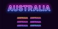 Neon Australia name, country in Oceania. Neon text of Australia