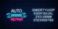 Neon auto repair shop sign with alphabet. Glowing night advertising symbol of vehicle repair station