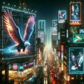 Neon Aviary: Dynamic Cityscape with Luminous Eagles