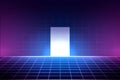 Neon background in 80s style, laser grid illustration with floor and shiny white door. Abstract disco club interior with