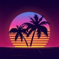 neon 80 Background with Summer Landscape. Palm trees at sunset .Retro Futuristic Background 1980s Style. Vector