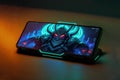 A neon-backlit smartphone displays the character of a mobile strategy game in the MOBA genre. Generative AI