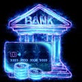 neon bank building with a credit card and coins on a black background.The concept of storing money in a bank, the bank issues