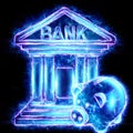 neon bank building with a piggy bank on a black background.The concept of storing money in a bank, the bank issues loans, loans