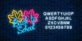 Neon banner with back to school greeting text and alphabet. Glowing neon sign with maple leaves. Welcome to school.