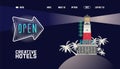 Neon banner, creative hotel open for visitors at night vector illustration. Motel building in lighthouse on coast with