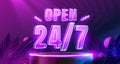 Neon banner open time, 24 hours poster, city signboard. Vector