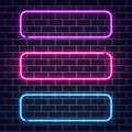 Neon banners set. Color neon frames on brick wall. Realistic glowing night signboard. Shining neon effect. Night bright