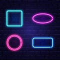 Neon banners set. Color neon frames on brick wall. Realistic glowing night signboard. Shining neon effect. Night bright