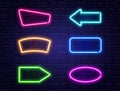 Neon banners set. Color neon frames on brick wall. Realistic glowing night signboard. Shining neon effect. Night bright