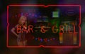 Neon Bar and Grill Sign in Wet Window Sports Bar Theme Royalty Free Stock Photo