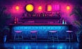 Neon bar interior with colorful lighting, shelves of bottles, and empty stools Royalty Free Stock Photo