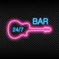 Neon bar sign with guitar. Glowing and shining bright signboard of opened bar. Vector.