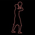 Neon basketball player throws a basketball man shooting ball side view icon red color vector illustration image flat style Royalty Free Stock Photo