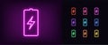 Neon battery icon. Neon charge battery sign with lightning