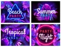 Neon beach party poster. Tropical paradise, summer partying night and bright neon color leaves vector illustration set Royalty Free Stock Photo