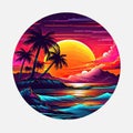 Neon beach sunset illustration with a technicolor circle design on a colorful background