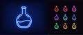 Neon beaker icon. Glowing neon lab sign, clinical research