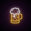 Neon Beer mug with foam. Night bright neon sign.