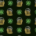 Neon beer mugs and shamrock seamless pattern on dark background. , alcohol, pub, bar, Irish concept