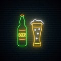 Neon beer sign. Nightly bright beer bar emblem.