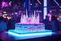 Neon Birthday Cake Closeup, Cake on Neon Party, Glowing Fluorescent Icing, Illuminated Dessert