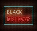 Neon Black Friday text banner vector isolated on brick wall. Special price offer light symbol, decoration text effect. Neon black Royalty Free Stock Photo