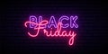 Neon Black Friday text on dark brick wall background.