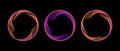 Neon blend circle line set. Colorful glowing round tech frame collection. Curved wavy line circles on black background