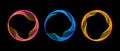 Neon blend circle lines set. Glowing colorful round tech frame collection. Curved wavy line circles on black background